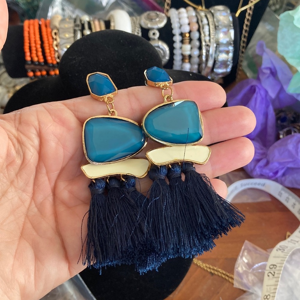 Blue and Gold Dramatic Drop Earrings with Tassels